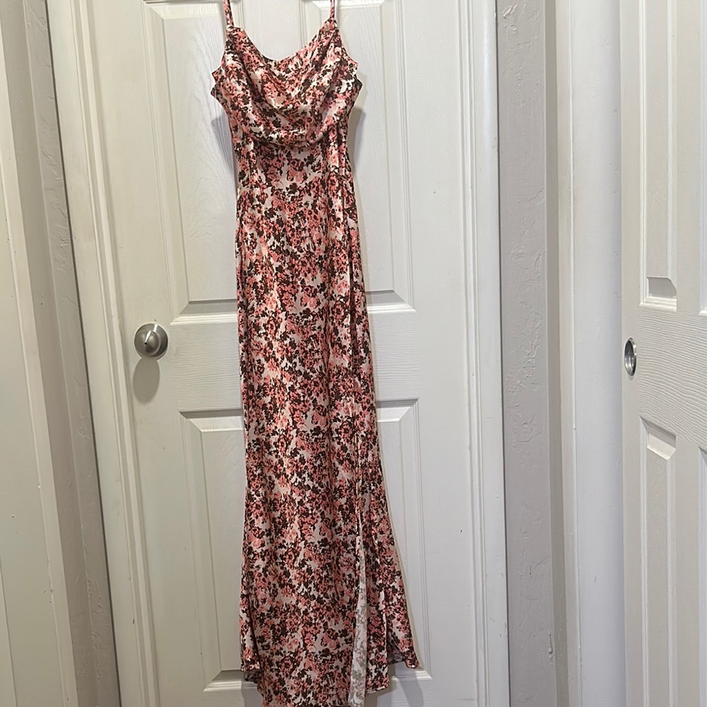 Elegant Red and Brown Maxi Sundress with Cowl Neck for Weddings